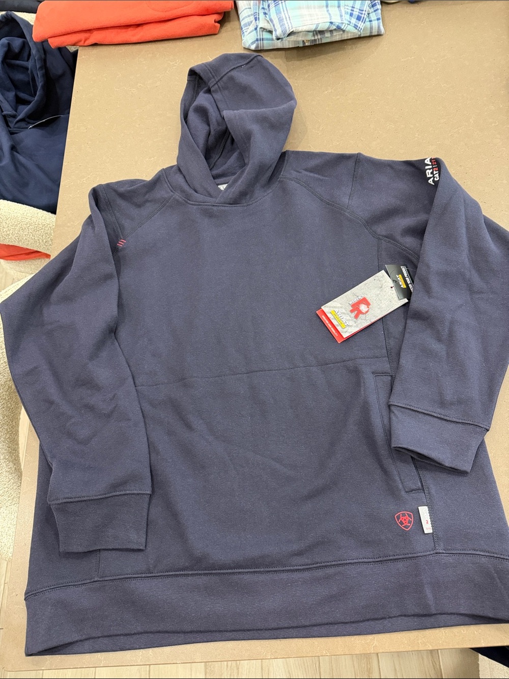 Ariat Navy Pullover Hooded Fleece with Red Logo Accents